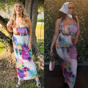 AFRM Indina Halter Mesh Ruched Midi Dress Watercolor Medium Anthropologie